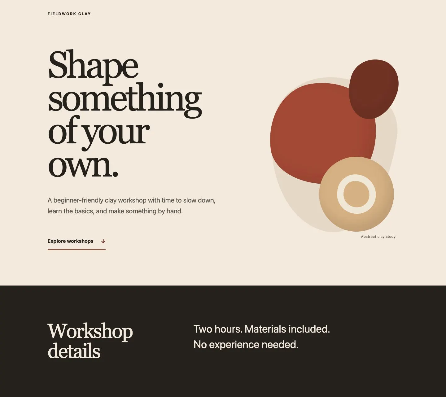 Fieldwork Clay workshop-page design: oversized serif lettering beside warm, abstract clay shapes on a cream background.